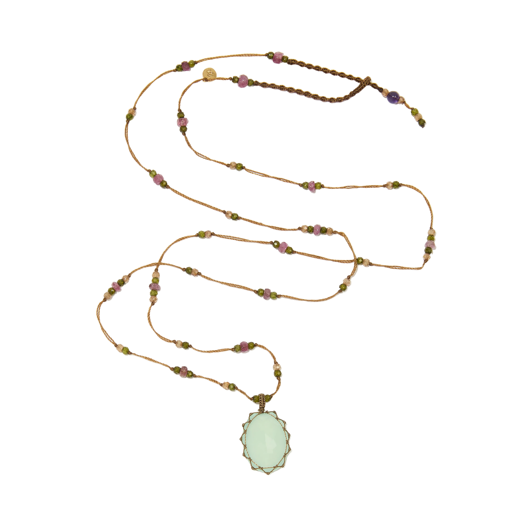 Sautoir tibétain - Calcédoine bleue - Mix Tourmaline - Fil Beige