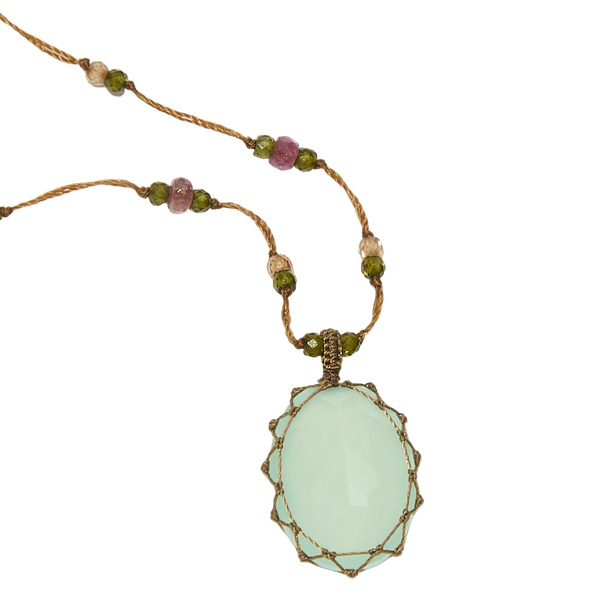 Sautoir tibétain - Calcédoine bleue - Mix Tourmaline - Fil Beige
