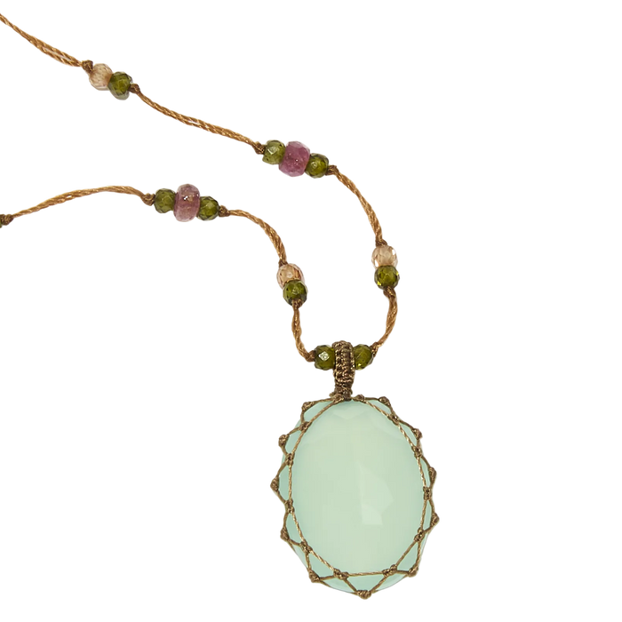 Sautoir tibétain - Calcédoine bleue - Mix Tourmaline - Fil Beige