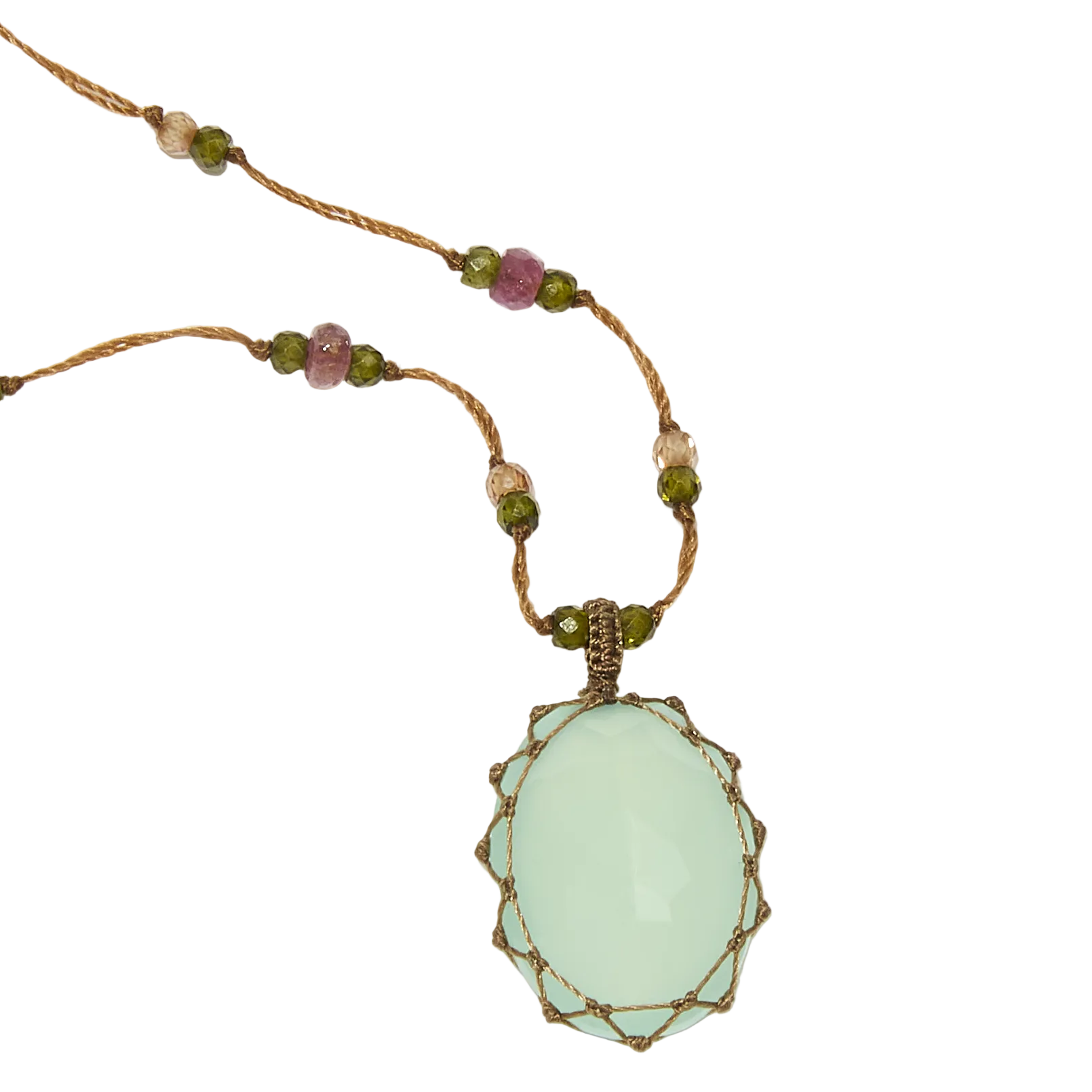 Sautoir tibétain - Calcédoine bleue - Mix Tourmaline - Fil Beige