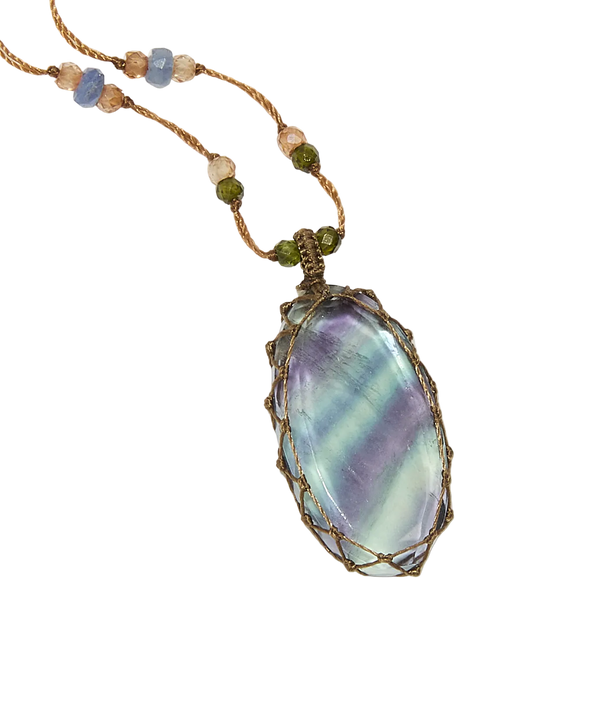 Sautoir Tibétain - Fluorite Rainbow - Mix Saphir - Fil Tabac