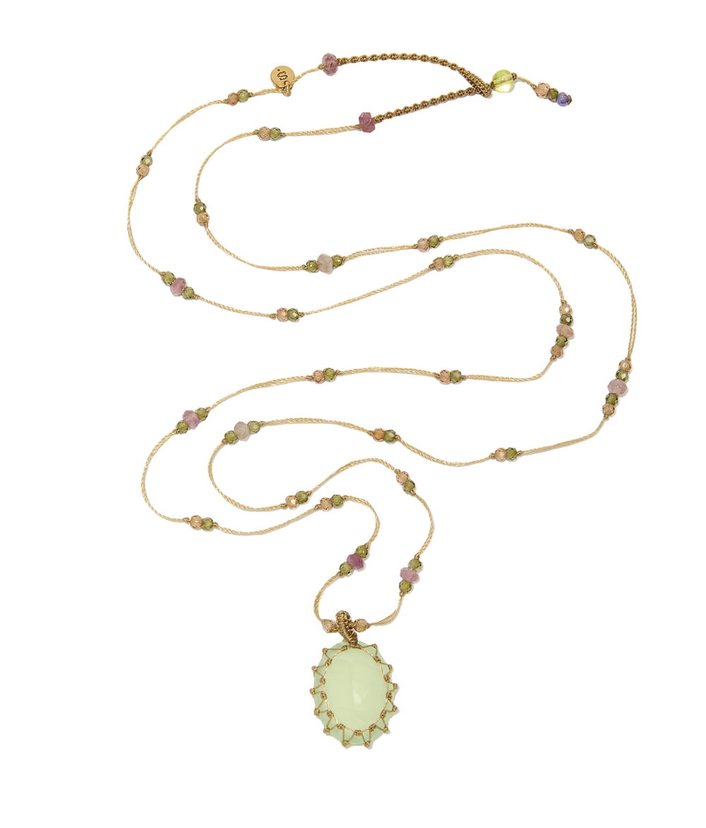 Sautoir Tibétain - Calcédoine Verte - Mix Tourmaline Rose - Fil Beige