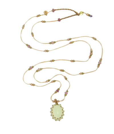 Sautoir Tibétain - Calcédoine Verte - Mix Tourmaline Rose - Fil Beige