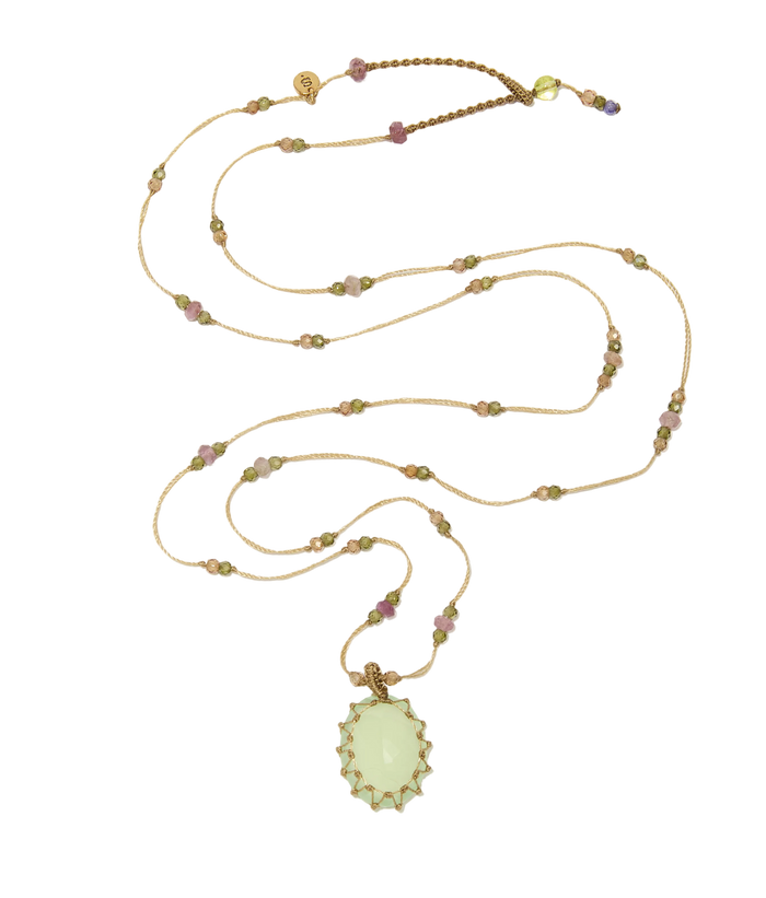 Sautoir Tibétain - Calcédoine Verte - Mix Tourmaline Rose - Fil Beige