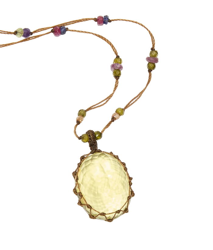 Sautoir Tibétain - Olive Quartz - Mix multi Pierres - Fil Tabac