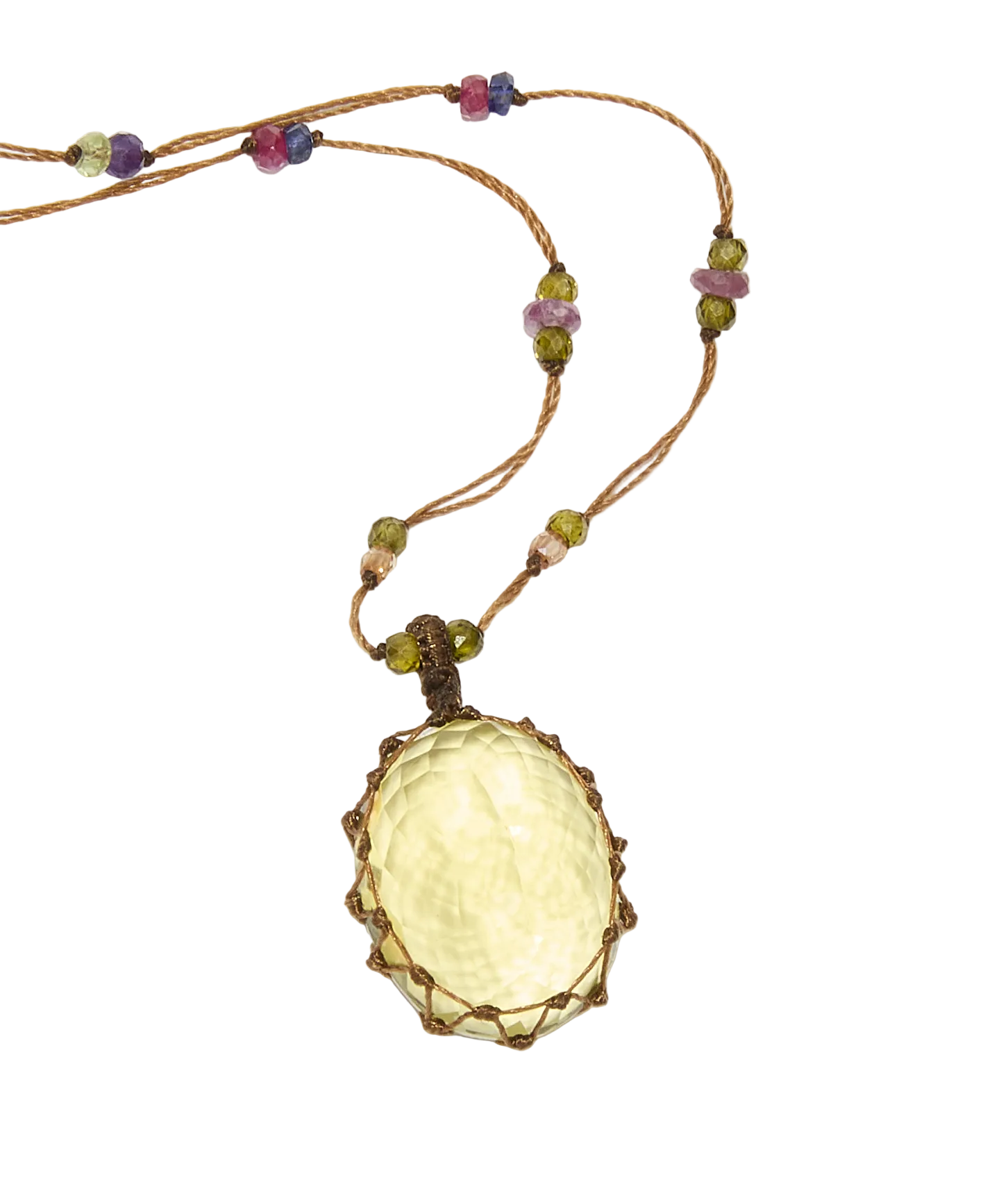 Sautoir Tibétain - Olive Quartz - Mix multi Pierres - Fil Tabac