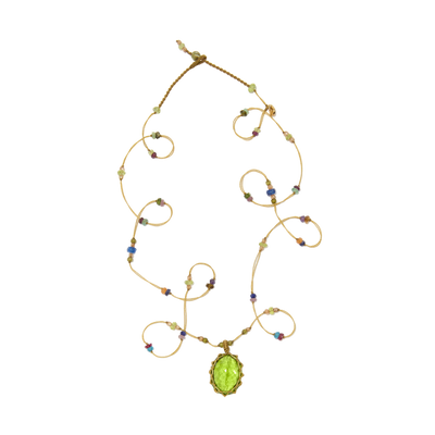 Short Tibetan Necklace - Indian Glass Peridot - Rose Tourmaline Mix - Tobacco Thread