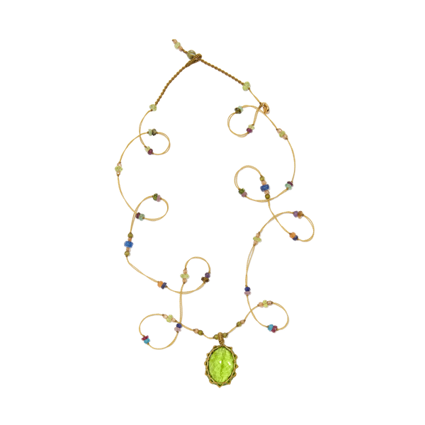 Short Tibetan Necklace - Indian Glass Peridot - Rose Tourmaline Mix - Tobacco Thread