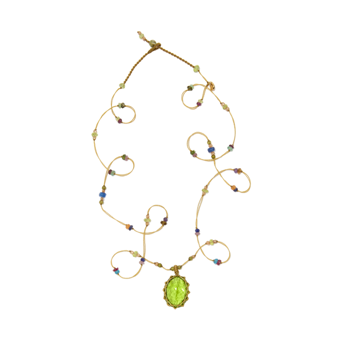 Collana Corto Tibetano - Vetro Indiano Peridot - Mix Tormalina Rosa - Filo Tabacco