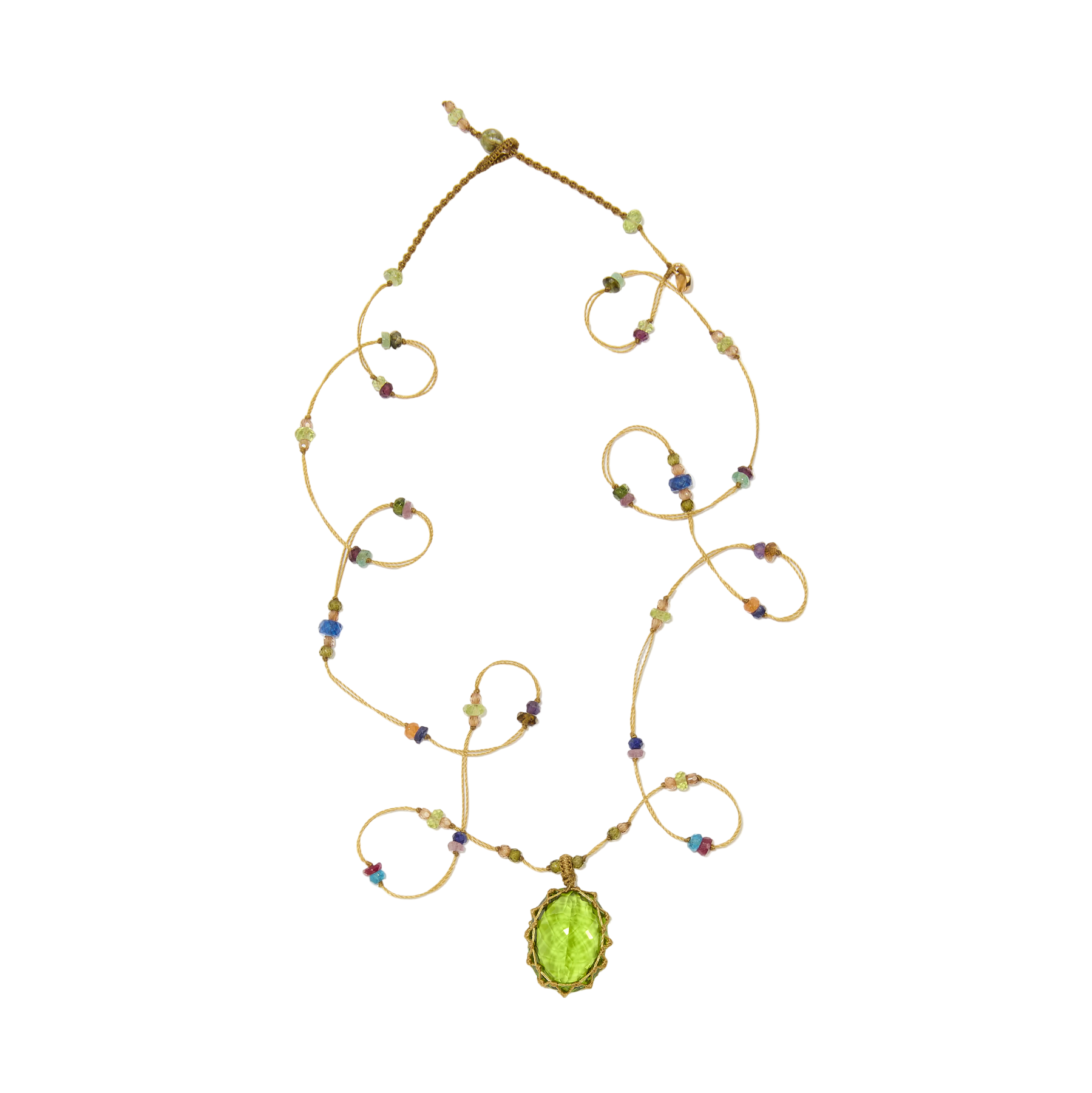 Collana Corto Tibetano - Vetro Indiano Peridot - Mix Tormalina Rosa - Filo Tabacco