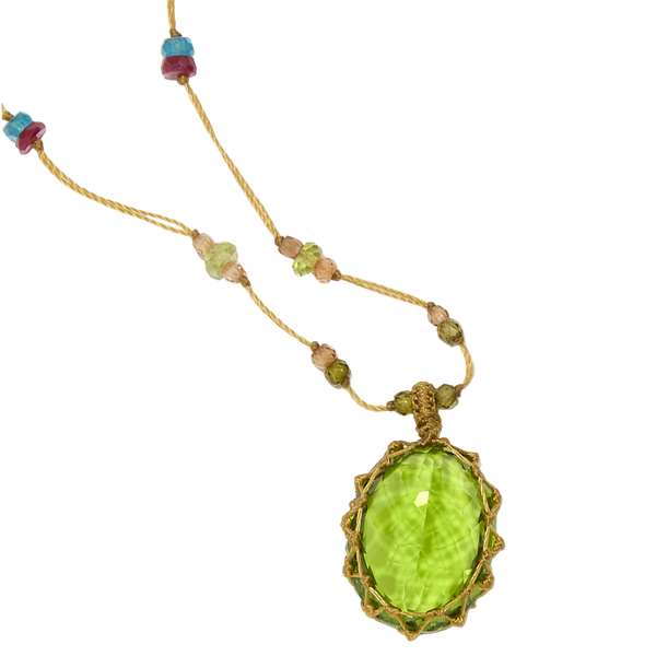 Short Tibetan Necklace - Indian Glass Peridot - Rose Tourmaline Mix - Tobacco Thread