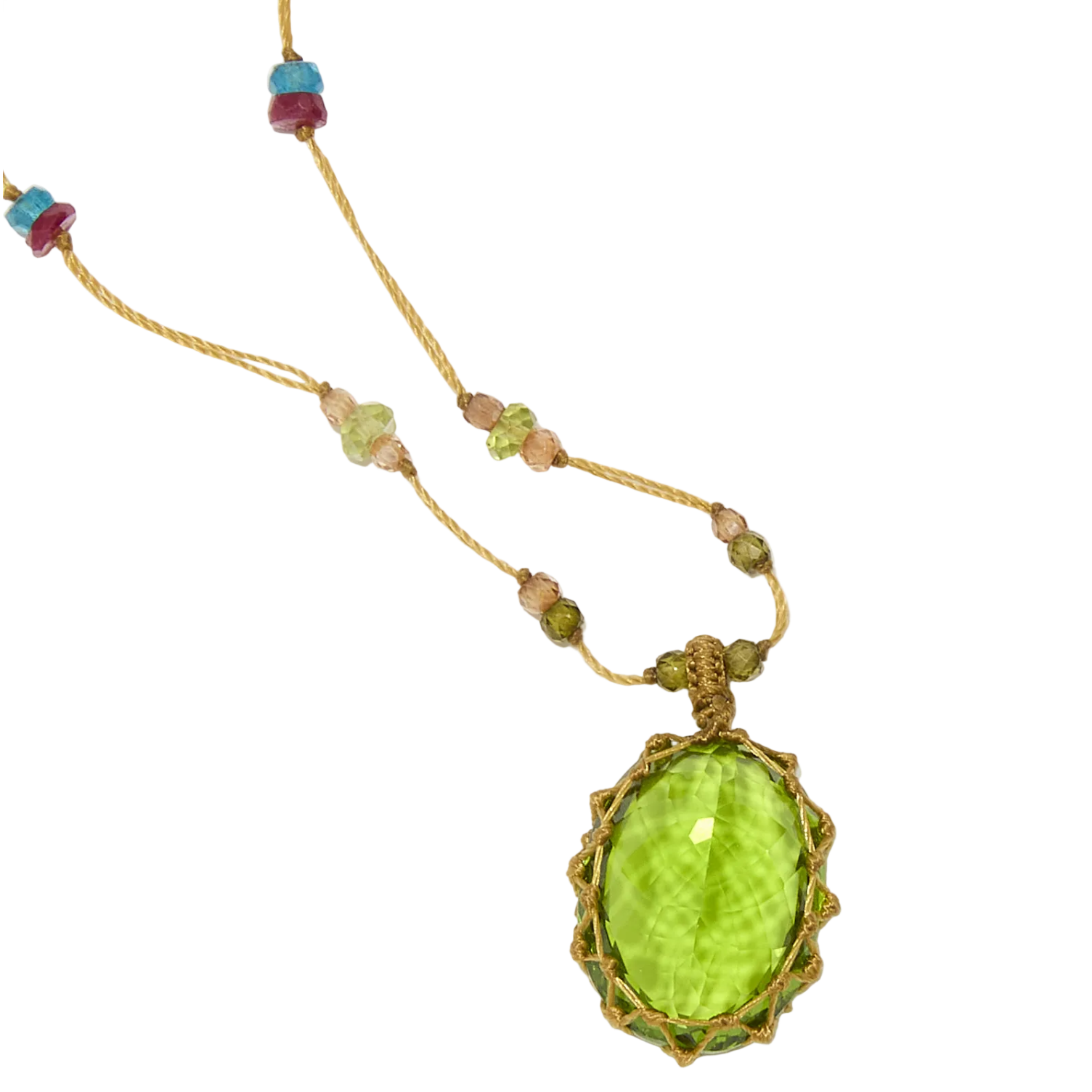Collana Corto Tibetano - Vetro Indiano Peridot - Mix Tormalina Rosa - Filo Tabacco