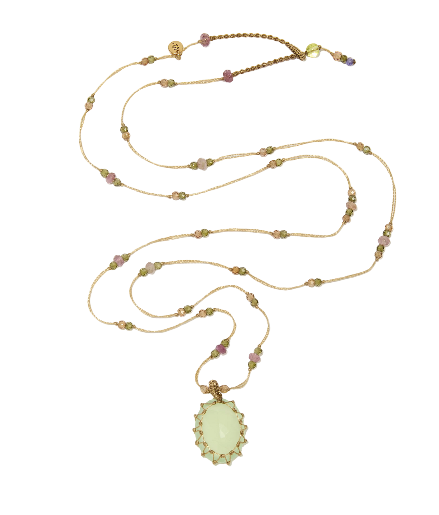 Sautoir Tibétain - Calcédoine Verte - Mix Tourmaline Rose - Fil Beige