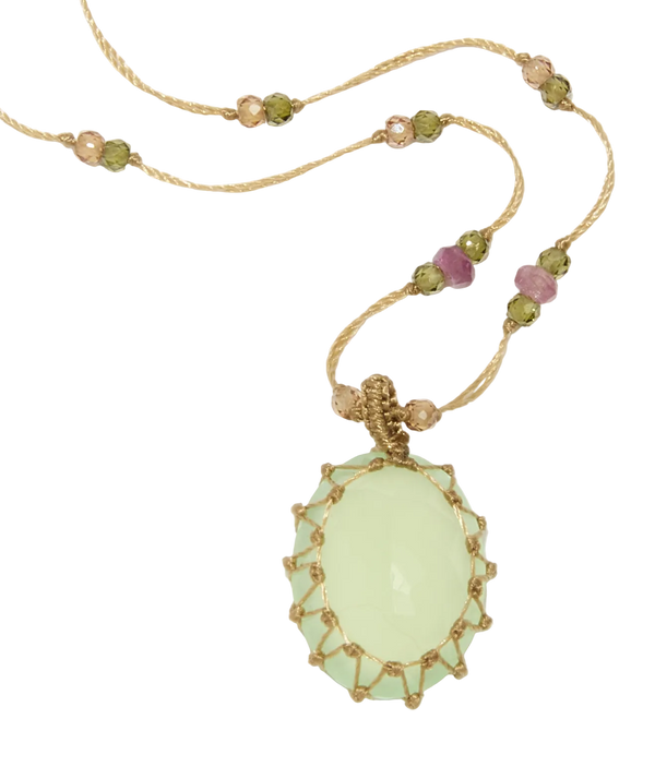 Sautoir Tibétain - Calcédoine Verte - Mix Tourmaline Rose - Fil Beige