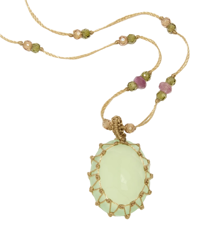 Sautoir Tibétain - Calcédoine Verte - Mix Tourmaline Rose - Fil Beige