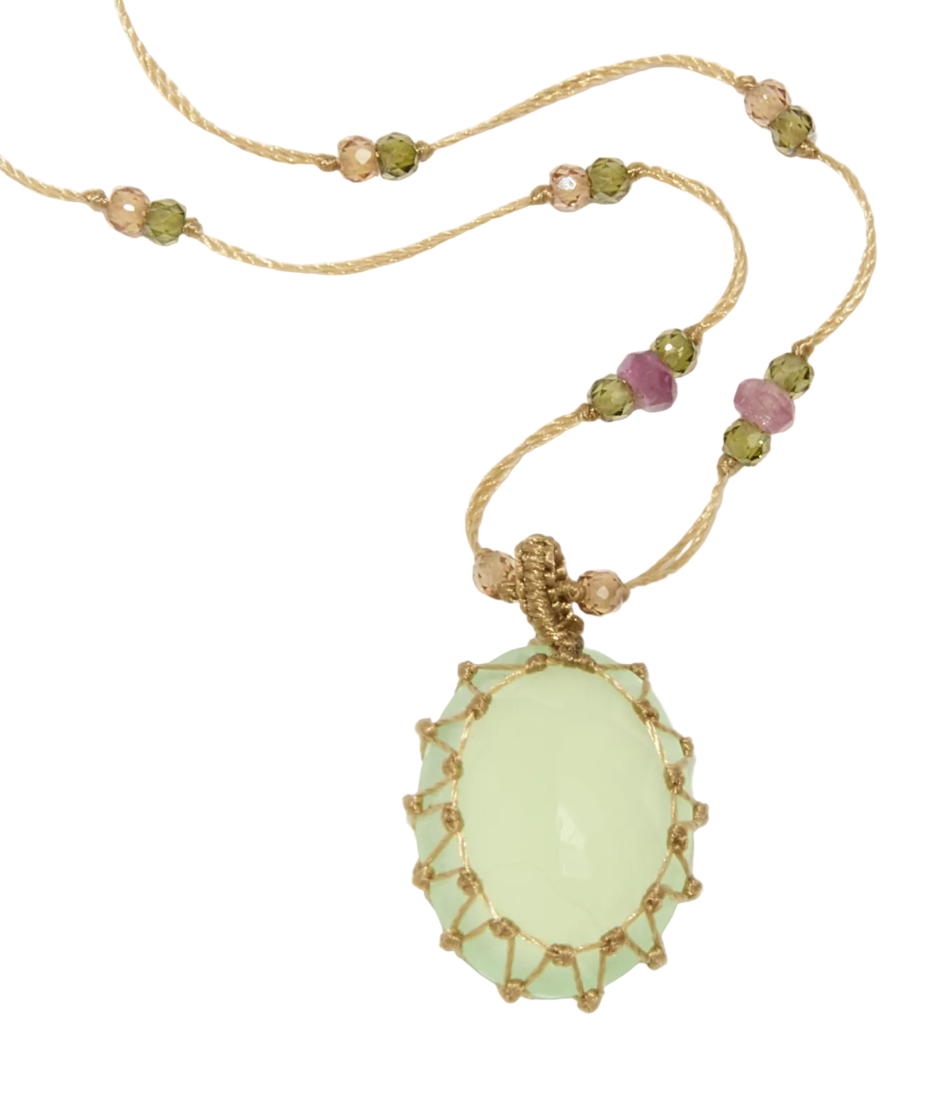 Sautoir Tibétain - Calcédoine Verte - Mix Tourmaline Rose - Fil Beige