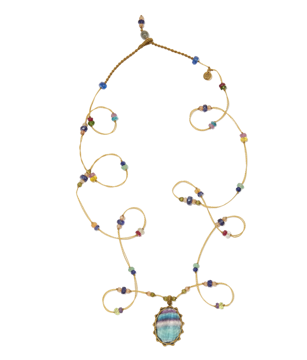 Sautoir Tibétain - Fluorite Rainbow - Mix multi Pierres - Fil Beige