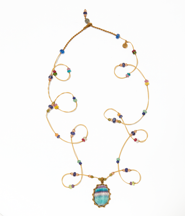 Sautoir Tibétain - Fluorite Rainbow - Mix multi Pierres - Fil Beige