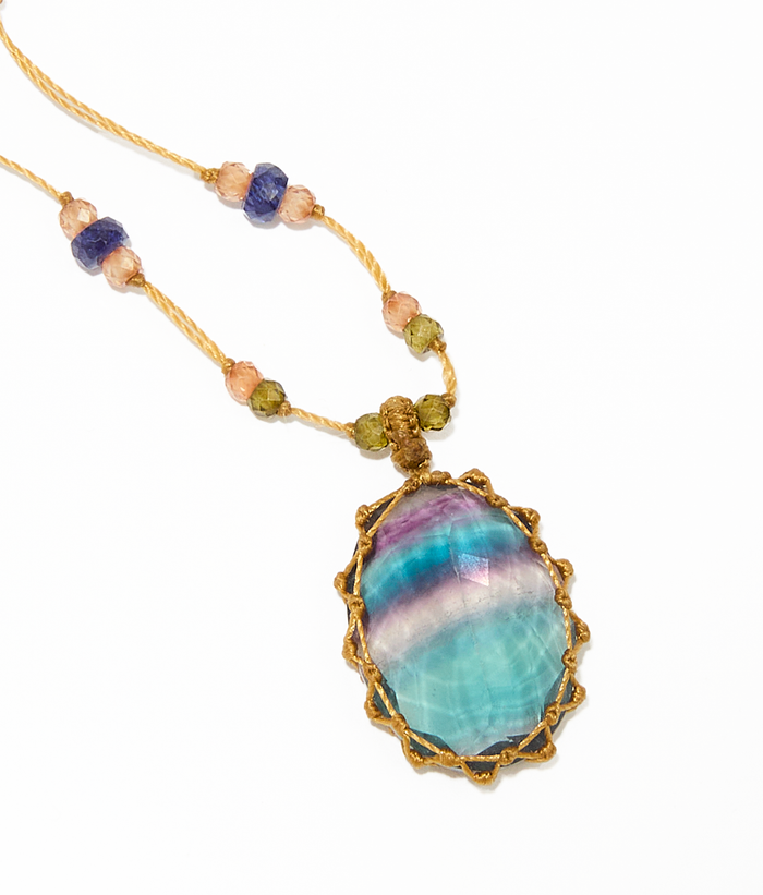 Sautoir Tibétain - Fluorite Rainbow - Mix multi Pierres - Fil Beige