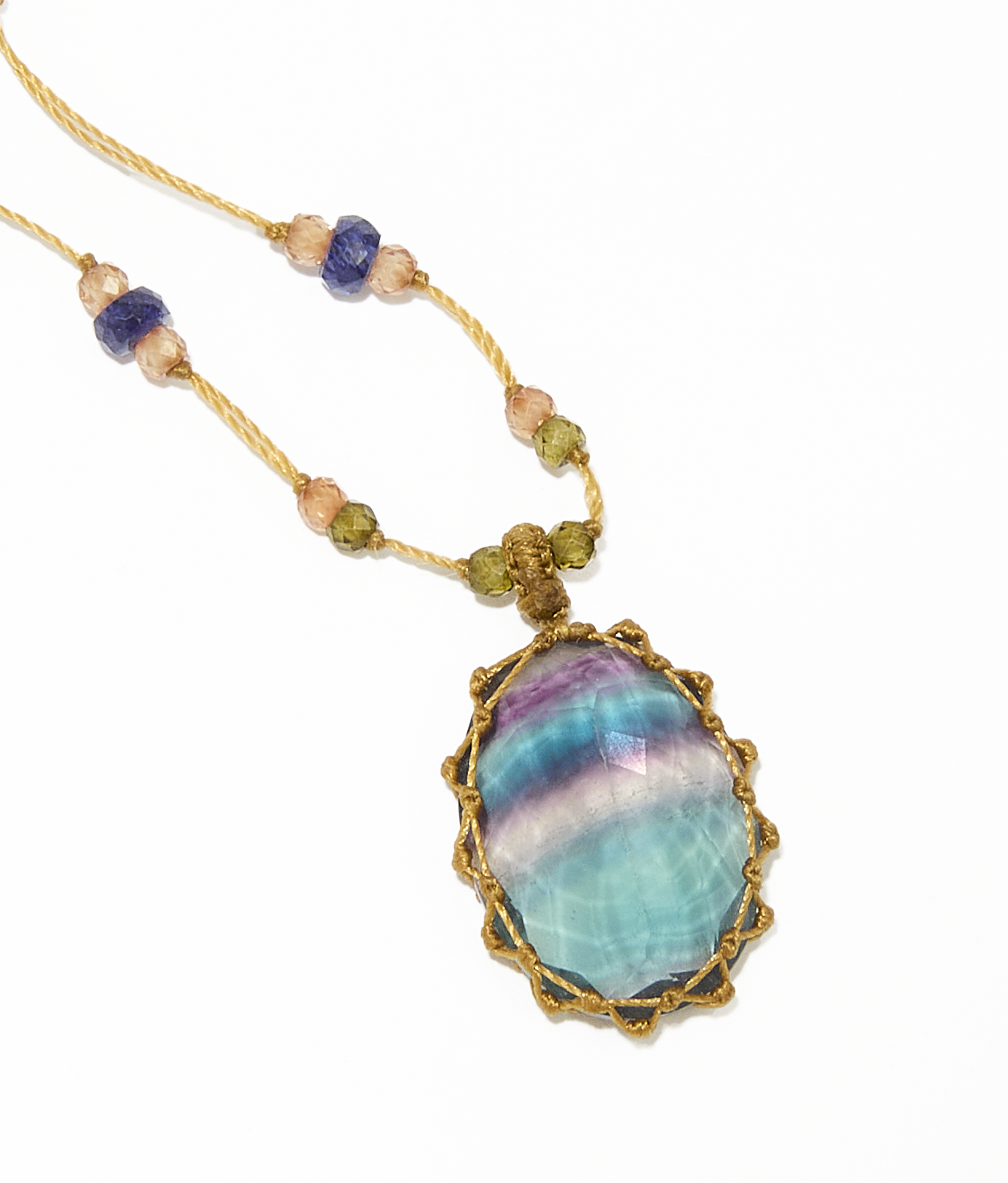 Sautoir Tibétain - Fluorite Rainbow - Mix multi Pierres - Fil Beige