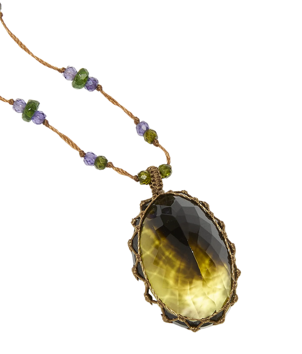Sautoir tibétain - Bio Lemon - Mix Tsavorite & Zircons violets - Fil Tabac