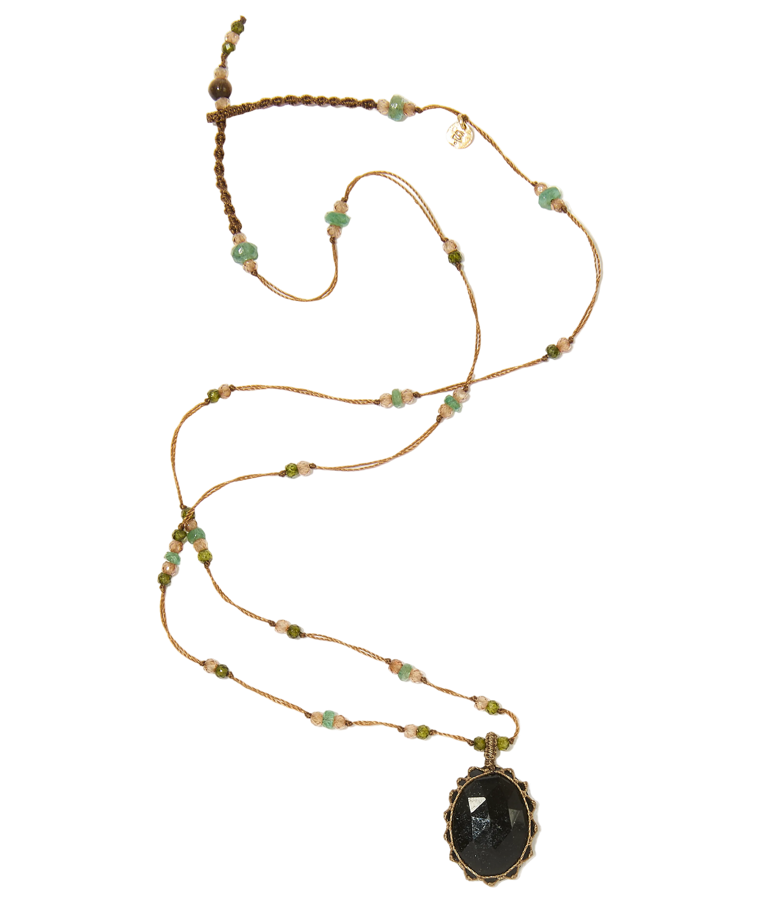 Collier Court Tibétain - Tourmaline Noire - Mix Émeraude - Fil Tabac