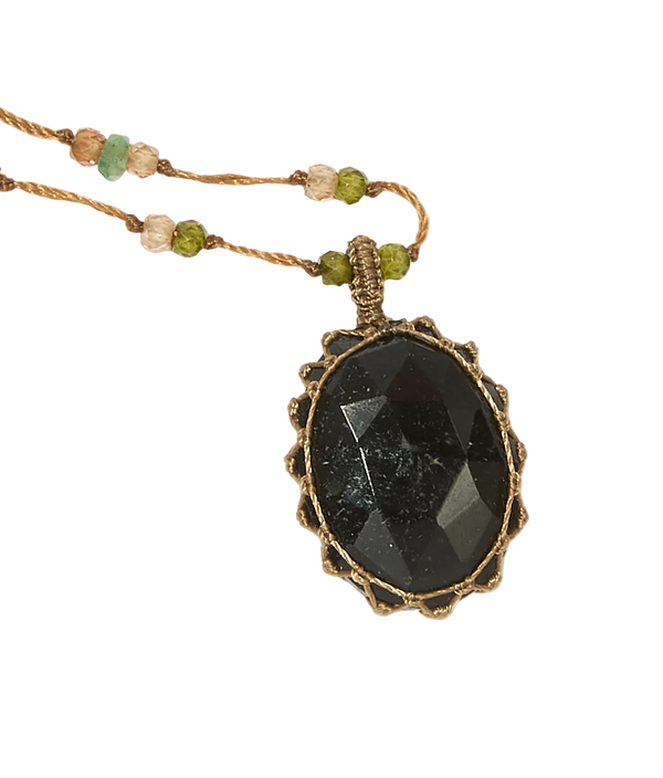 Collier Court Tibétain - Tourmaline Noire - Mix Émeraude - Fil Tabac