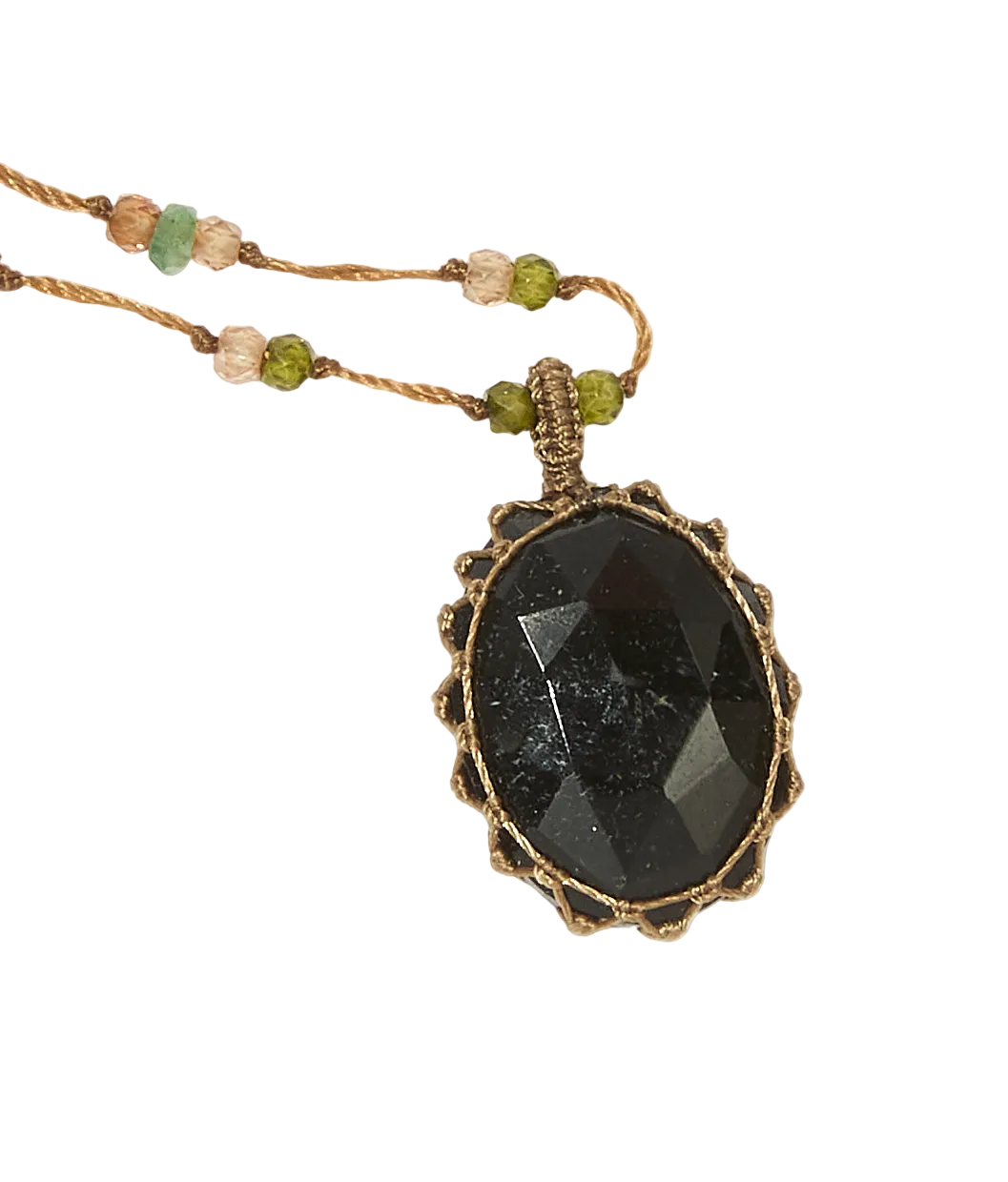 Collier Court Tibétain - Tourmaline Noire - Mix Émeraude - Fil Tabac