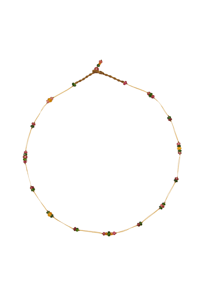 Choker Necklace Woopy Tourmalines & Tsavorite - Beige Thread