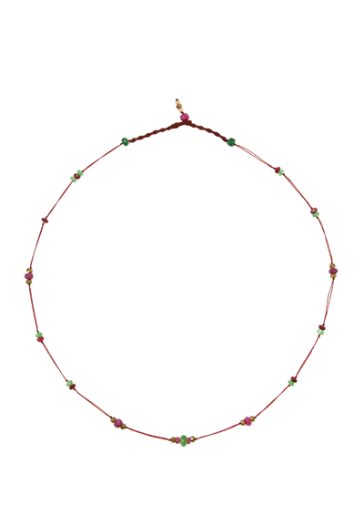 Choker Necklace Woopy Ruby & Tsavorite - Beige Thread