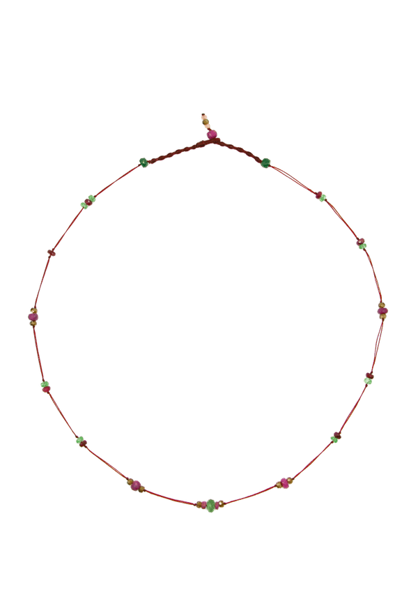 Choker Necklace Woopy Ruby & Tsavorite - Beige Thread