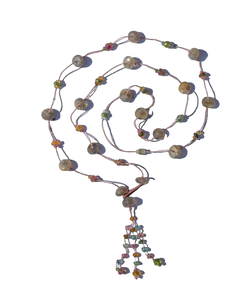 Sautoir Holy Sharing en Labradorite, fil rose, 80 cm