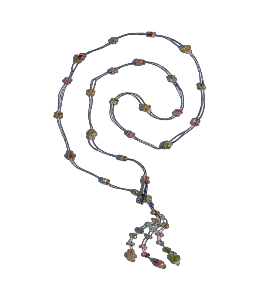 Sautoir Holy Sharing en Tourmaline Rose, fil bleu, 80 cm