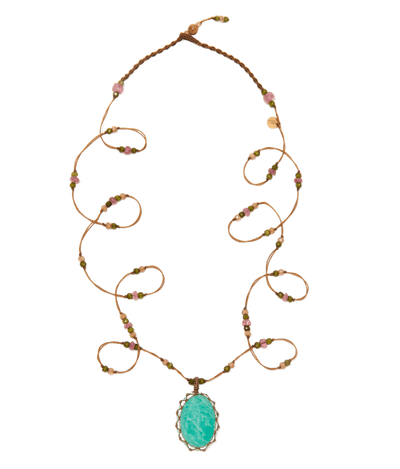 Long Tibetan Necklace - Blue Amazonite - Mixed Tourmaline - Tobacco Thread