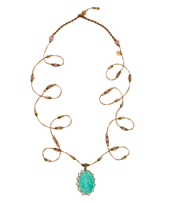 Sautoir Tibétain - Blaue Amazonite - Tourmalin-Mix - Tabakfarbenes Band