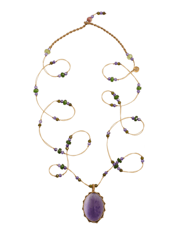 Sautoir Tibétain - Améthyste Violette Foncée - Mix Tsavorite - Fil Beige