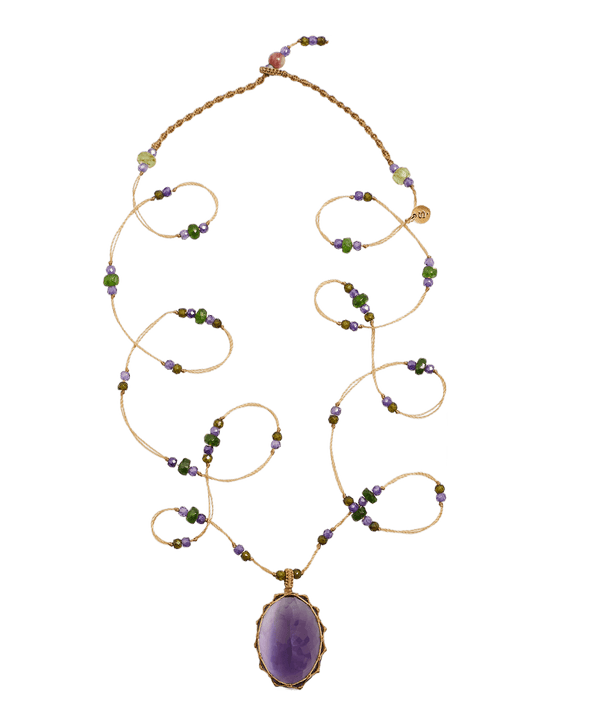 Collana Lunga Tibetano - Ametista Viola Scuro - Mix Tsavorite - Filo Beige
