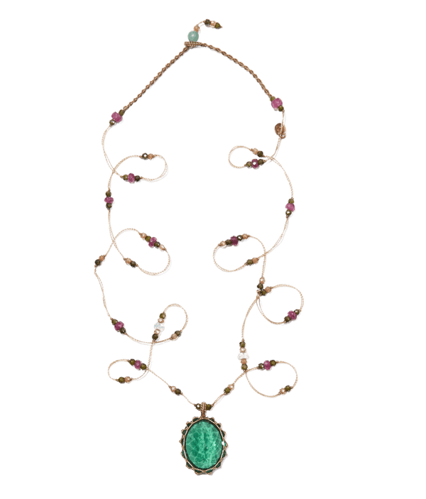 Collana corta tibetana - Fluorite blu - Mix di smeraldi - Filo beige