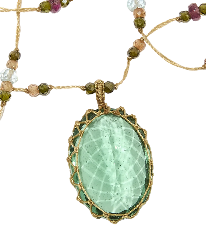 Sautoir Tibétain | Ancient roman glass - Fil Beige & Tourmaline Aquamarine