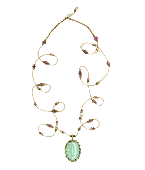 Sautoir Tibétain | Ancient roman glass - Fil Beige & Tourmaline Aquamarine