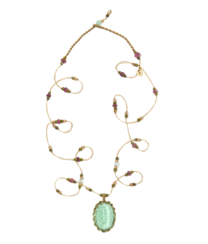 Sautoir Tibétain | Ancient roman glass - Fil Beige & Tourmaline Aquamarine