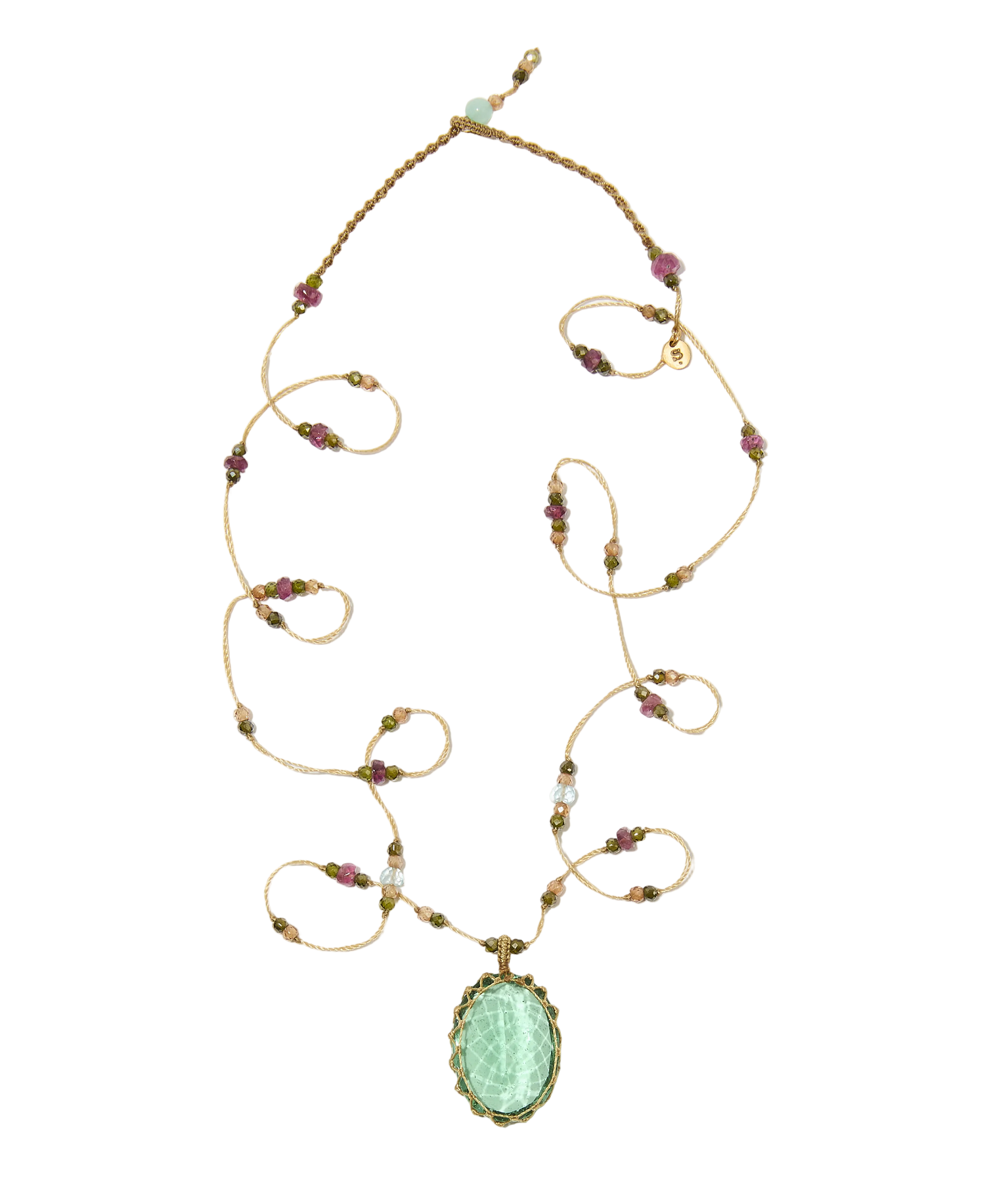 Sautoir Tibétain | Ancient roman glass - Fil Beige & Tourmaline Aquamarine