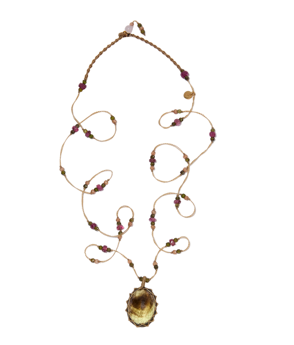 Collana Corta Tibetana - Bio Limone - Mix Zaffiro - Filo Tabacco