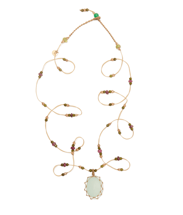 Collana Tibetana Corta - Calcedonio Blu - Mix Tsavorite - Filo di Tabacco