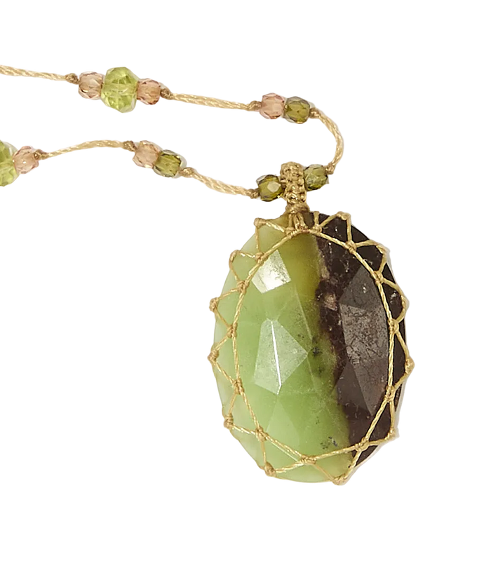 Sautoir Tibétain | Chrysophrase duo - Fil Beige & Tourmaline Péridot