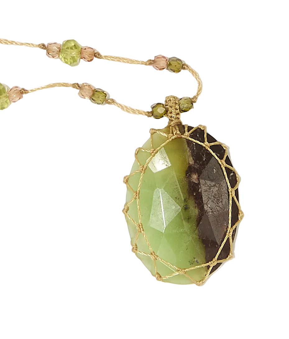 Sautoir Tibétain | Chrysophrase duo - Fil Beige & Tourmaline Péridot