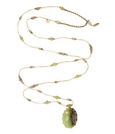 Sautoir Tibétain - Chrysophrase duo - Mix Tourmaline Péridot - Fil Beige