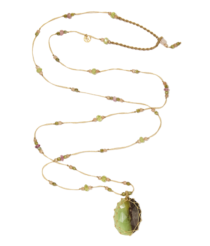 Sautoir Tibétain | Chrysophrase duo - Fil Beige & Tourmaline Péridot
