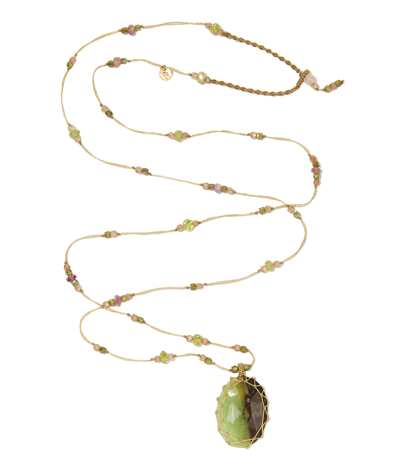 Sautoir Tibétain | Chrysophrase duo - Fil Beige & Tourmaline Péridot