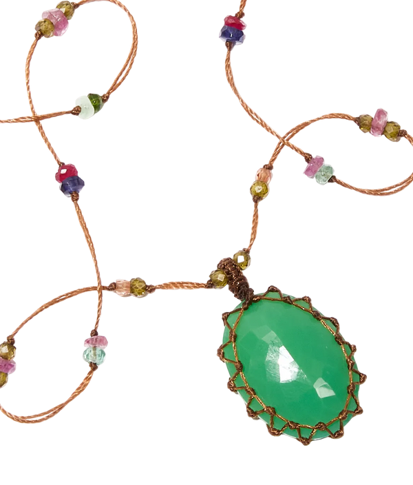 Collana Tibetana Corta - Labradorite Fuoco Blu - Mix Tormalina Rosa - Filo di Tabacco